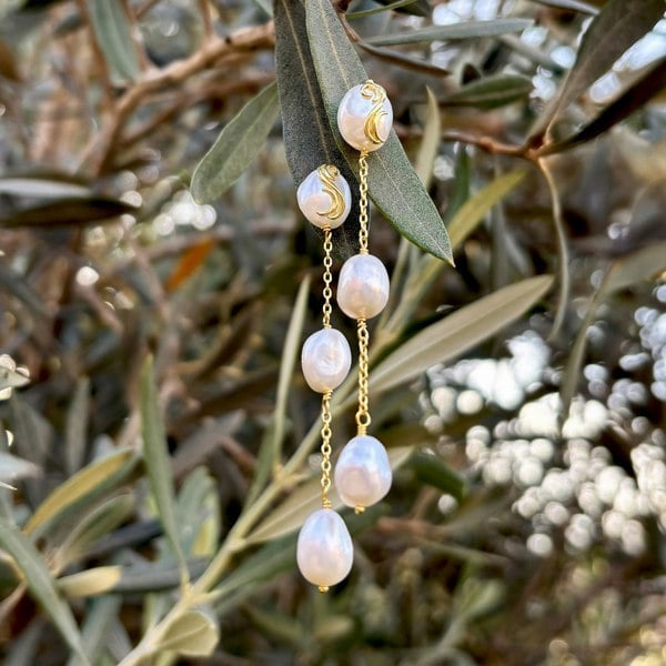Delicate pearl drop earrings with a cascading design.