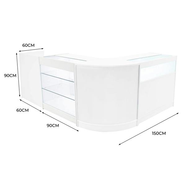 Polaris LED Shop Counter Set in white, featuring a curved design, glass display shelves, and dimensions of 150cm x 90cm x 90cm