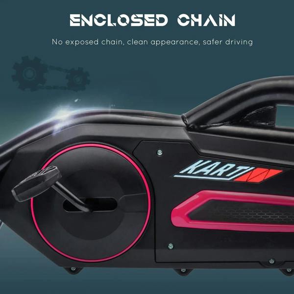 Pink and black side panel and enclosed chain pedal go-kart with control dial detail