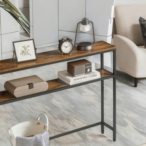Rafaelo Mobilia Industrial Slim Console Table With 2 Shelves Rustic Brown