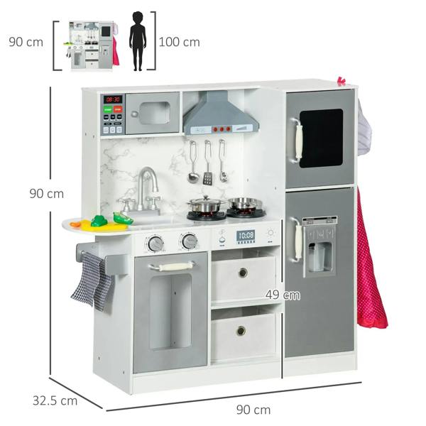 White kids toy kitchen playset with sink, stovetop, microwave window and oven doors