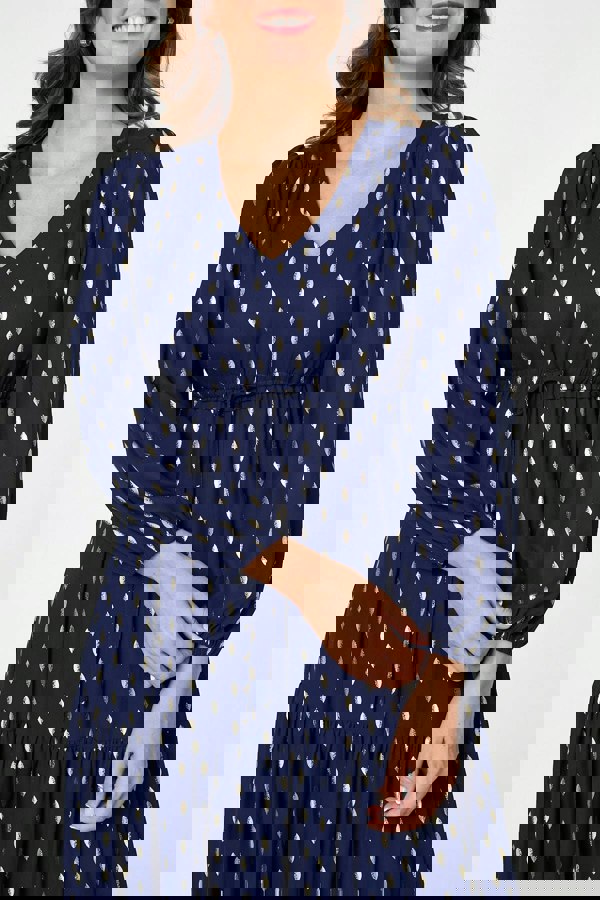 Navy | Metallic Print V-Neck Tiered Maxi Dress
