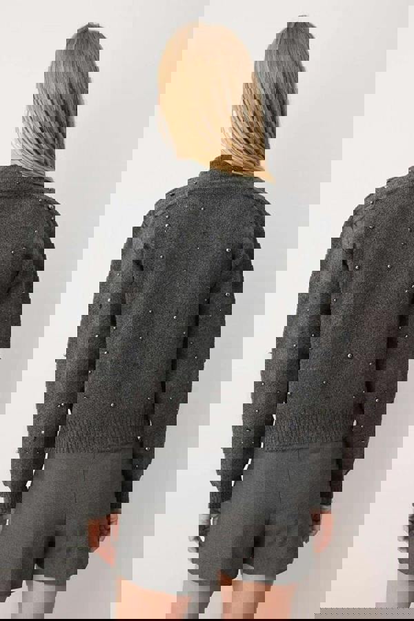 WOVCOR Soft Textured Zippered Knit Cardigan with Stone Details