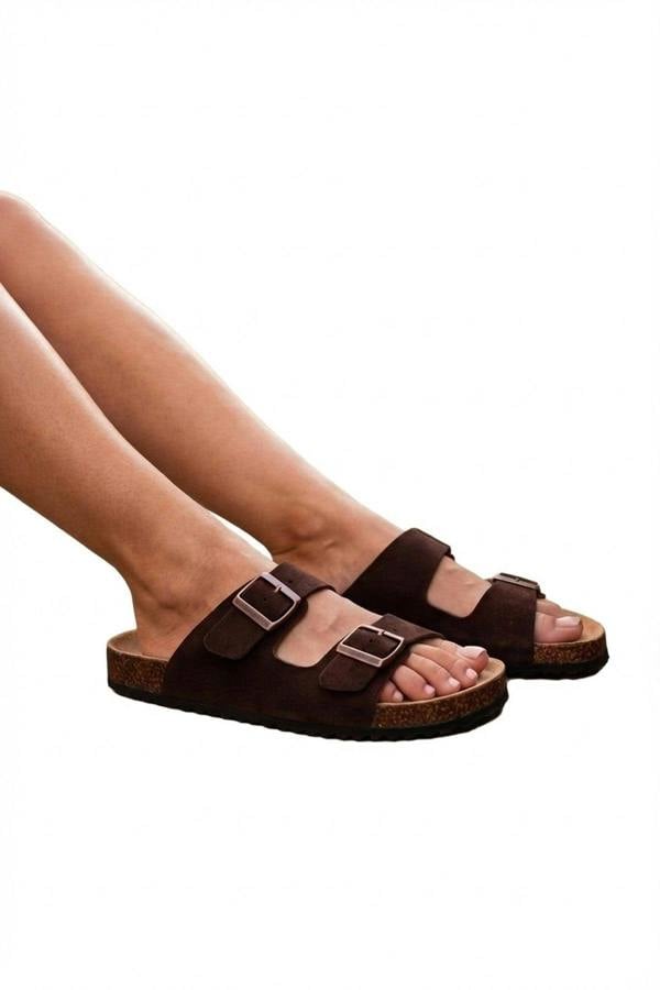 Harper Womens Double Buckle Cork Slide Sandals - BROWN_wb