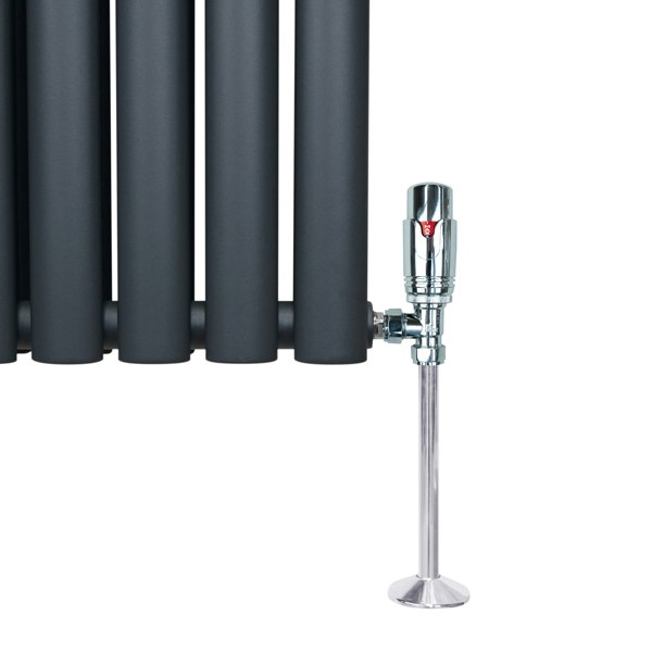 Chrome thermostatic radiator valve with a sleek, polished finish, mounted beside a modern black radiator with vertical tubes