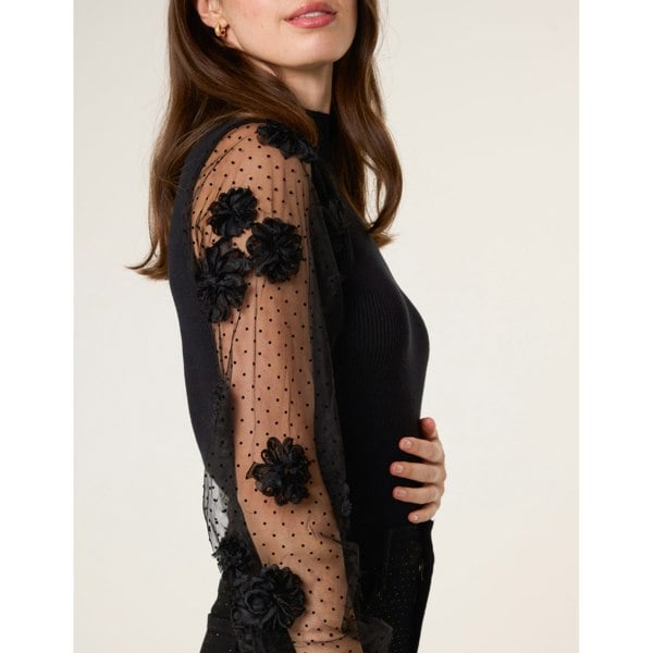 Blue Vanilla Turtle Neck Jumper With Mesh Polka Dot And Flower Detailed Sleeves
