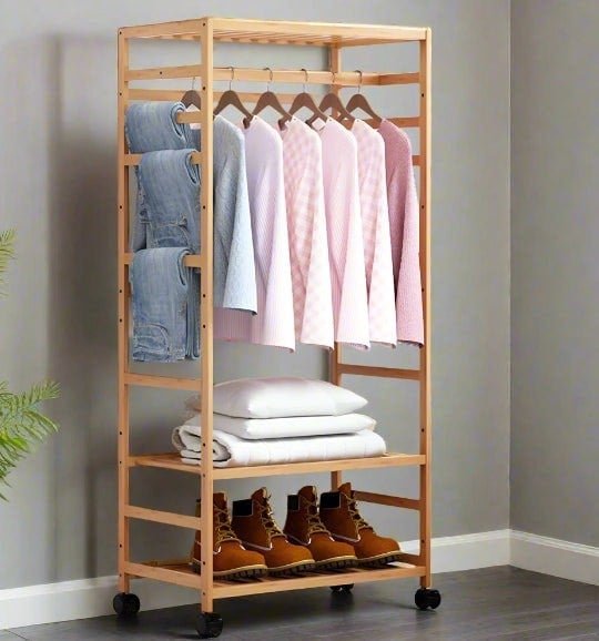 Modcraft Wooden Clothes Rail Garment Rack with Storage Shelves & Pulley Wheels – Natural Wood Coat & Clothes Hanger Stand