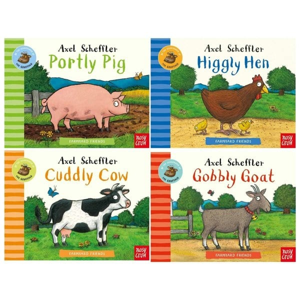 Farmyard Friends 4 Book Set by Axel Scheffler Higgly Hen, Portly Pig, Cuddly Cow & Gobbly Goat