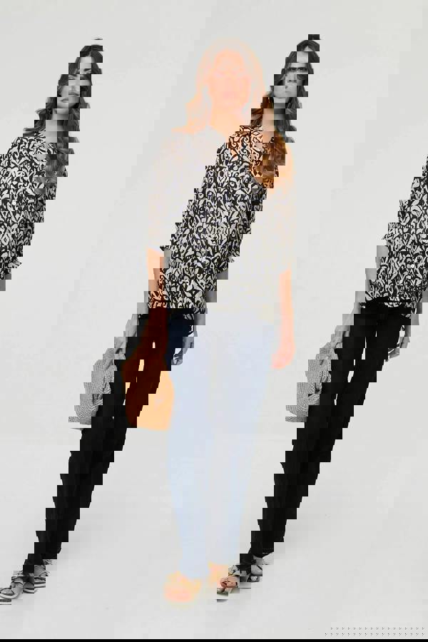 Navy | Printed Button 3/4 Sleeve Relaxed Blouse