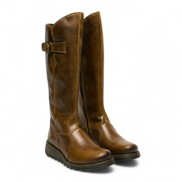 Fly London Womens Camel Brown MOL 2 Leather Wedge Heel Knee High Zip Up Boots