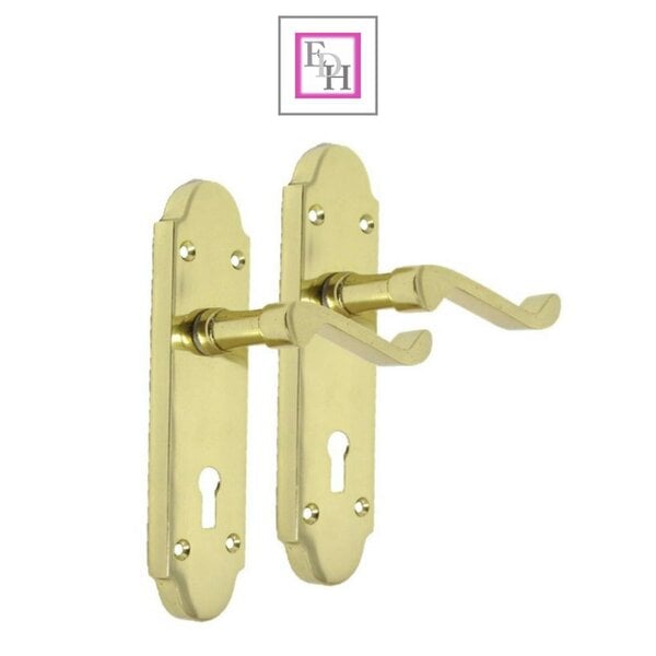 EDH Door Hardware Brass Finish Epsom Victorian Scroll Lock Door Handle on Shaped Back Plate +