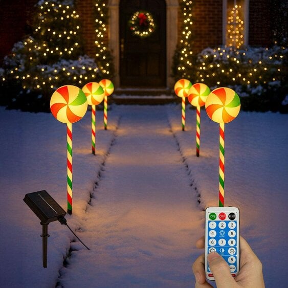 Neo Large 50cm Candy Cane Lolly Lollipop Christmas Remote Solar and Battery Powered Lights 6 Pack LED Path Stakes Timer 8 Modes Timer Outdoor Décor