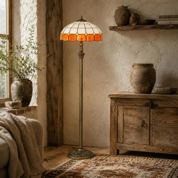Wyld Haus Rakelo Metal And Glass Bronze And Orange Tiffany Style Floor Lamp With Handcrafted Stained Shade