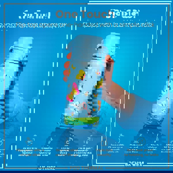 A child's water bottle, decorated with butterflies, is held; its flip top opens one-handed. The bottle is presented against a bright blue background. One Touch. Flip top opens one-handed with a simple click. Flips open with a simple click. One-handed use on the go. Triple lock security. 100% leak proof – no twisting, no leaks. POD THERMAL.