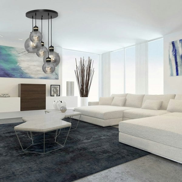 Milagro Omega Black/Gold Pendant Lamp 5XE27 With Elegant Smoked Glass Spheres Quality Matt Black Fittings With Gold Detail