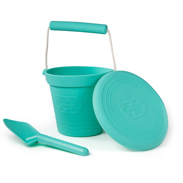 Bigjigs Toys 3 Silicone Beach Toys, Bucket, Flyer and Spade - Turquoise