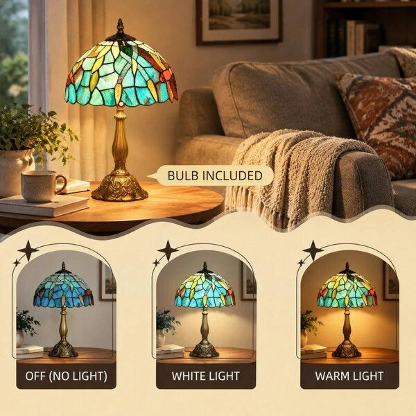 Tiffany Stained Glass Table Lamp, Handmade Antique Bedside Lamp for Bedroom, Living Room, Nightstand, Green
