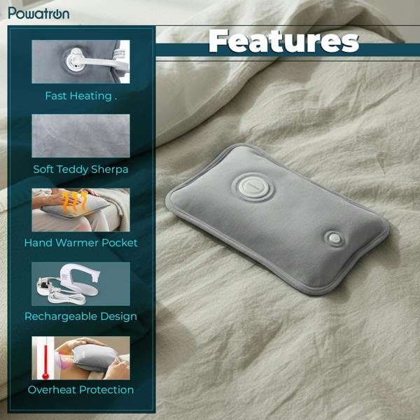 Powatron Rechargeable Electric Hot Water Bottle - Soft & Cosy Hand Body Warmer, Massaging Heat Pad, Over-Heat Protection
