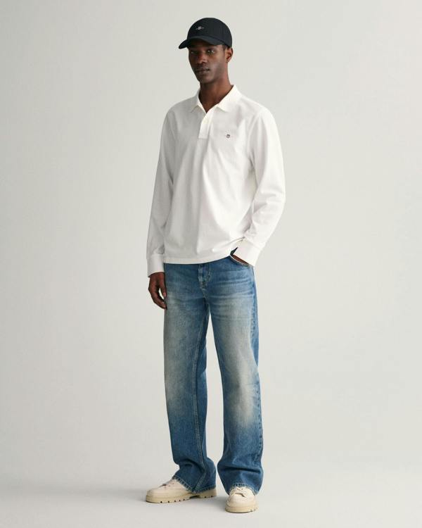 GANT Mens Regular Fit Long Sleeve Shield Logo Pique Rugger - 110 White - CHO - Designer Mens Long Sleeve Polo Shirts