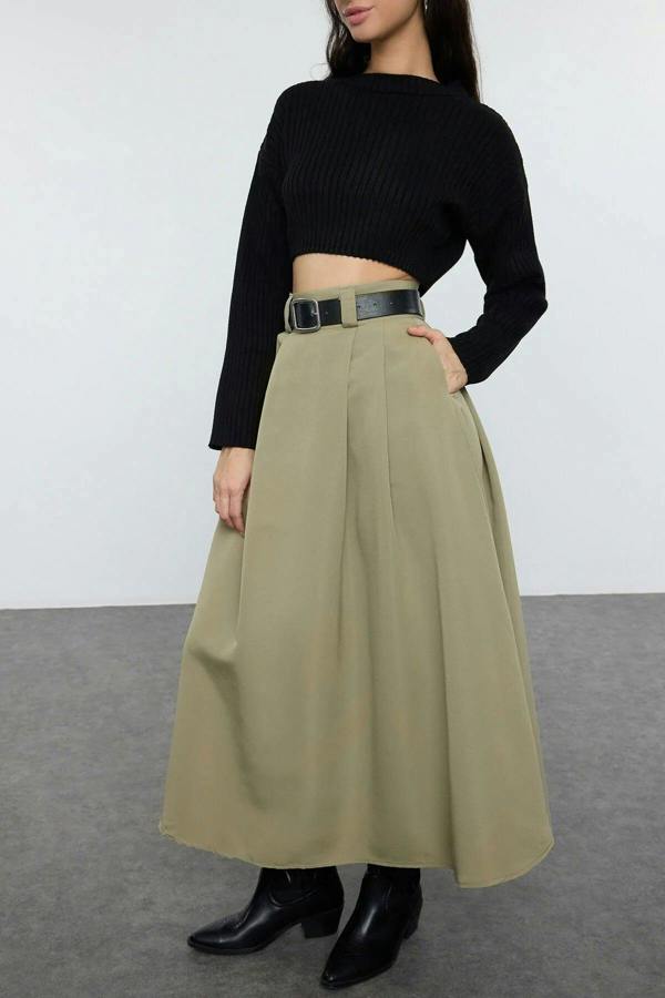 WOVCOR Maxi Length Woven Skirt with Pleated Detail