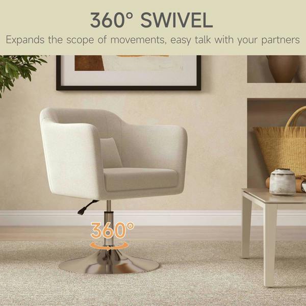 Cream white 360-degree swivel armchair with padded back, arms, and chrome pedestal base