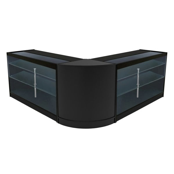 Black Helios LED shop counter set featuring a sleek, modern design with glass shelving and a curved front for stylish display