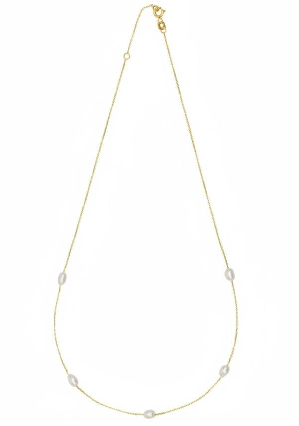 Gold necklace with pearls on a white background