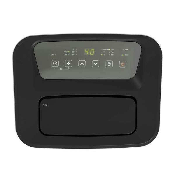 Dehumidifier control panel with dark display and touch icons on black housing