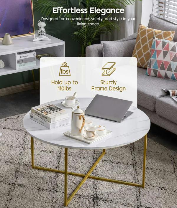 ADOV Round Coffee Table, Faux Marble Living Room Table with Gold Metal Frame