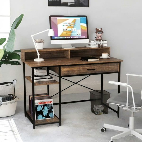 Rafaelo Mobilia Computer Desk With Monitor Stand, Shelves And Drawer Rustic Brown