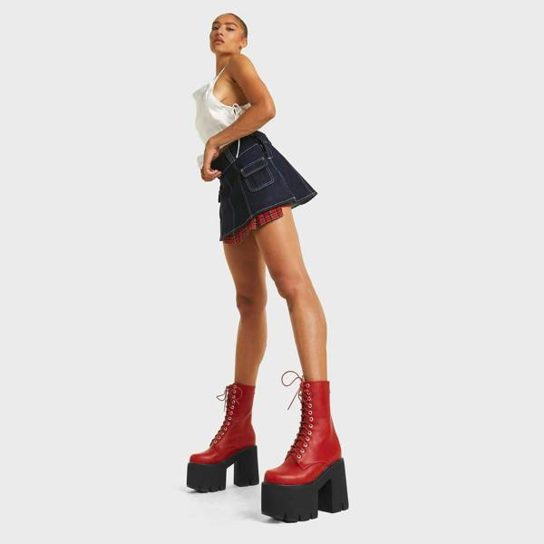 Lamoda Iconic Women’s Chunky Platform Calf Boots Dark Red PU Bold Fashion