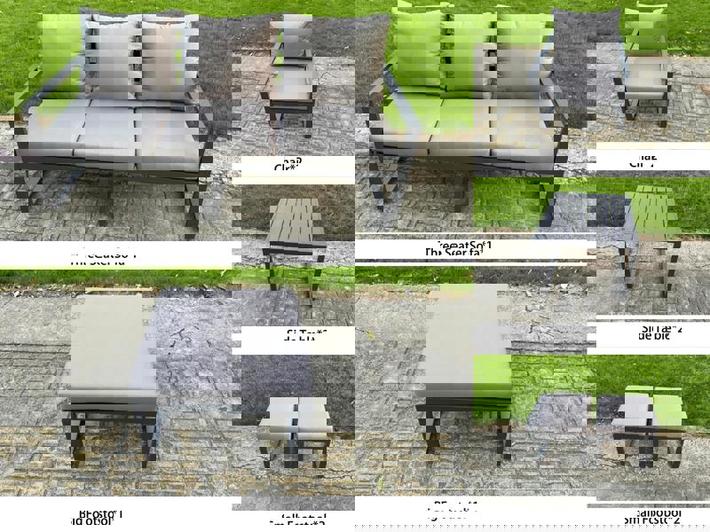 Fimous 8 Seater Aluminium Garden Furniture Set with Adjustable Rising Dining Table, 2 Chairs, 3 Footstools, 2 Side Tables - Grey