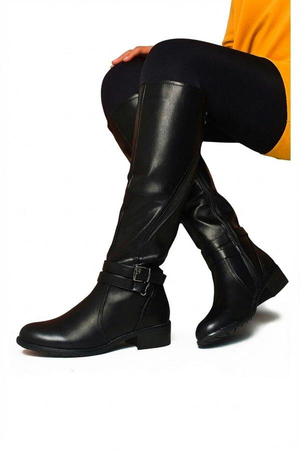 Nina Faux Leather Buckle Knee High Boots - Black_wb