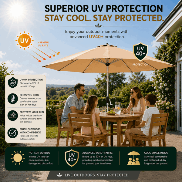 GlamHaus Tilting Garden Parasol Table Umbrella 2.7M with Crank Handle, UV40 Protection, Includes Protection Cover - Sand