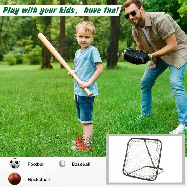 Black rebounder net goal on lawn with white mesh during kid play