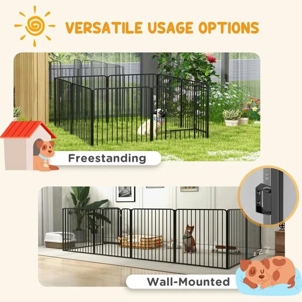 Dog pen usage options graphic showing free-standing and wall-mounted setup