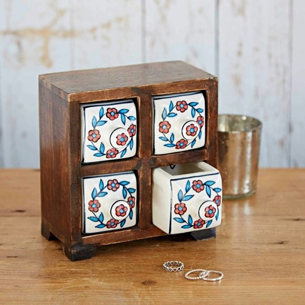 Paper High White Floral Mango Wood 4 Drawer Jewellery Box