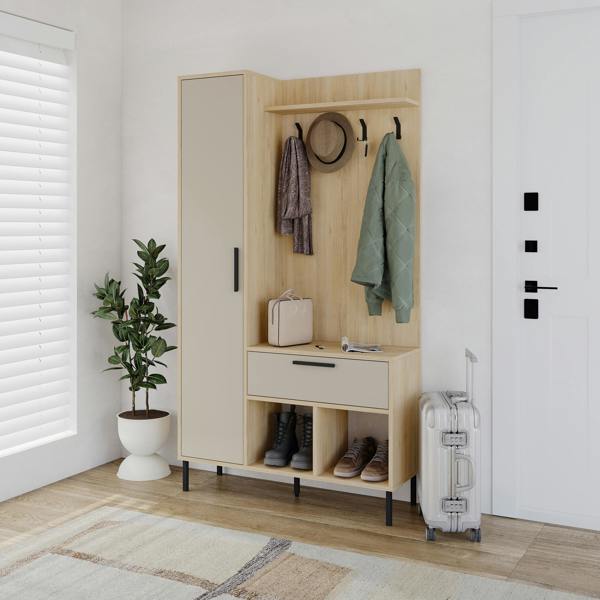 Decortie Hall Tree 108x195.3cm 1-Drawer and 1-Door Storage Cabinet, 4 Metal Coat Hooks Sturdy Metal Legs, Hallway Oak