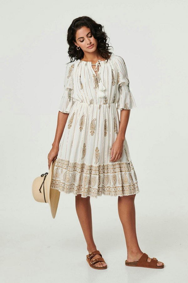 Cream | Ikat Print Knee Length Bardot Dress
