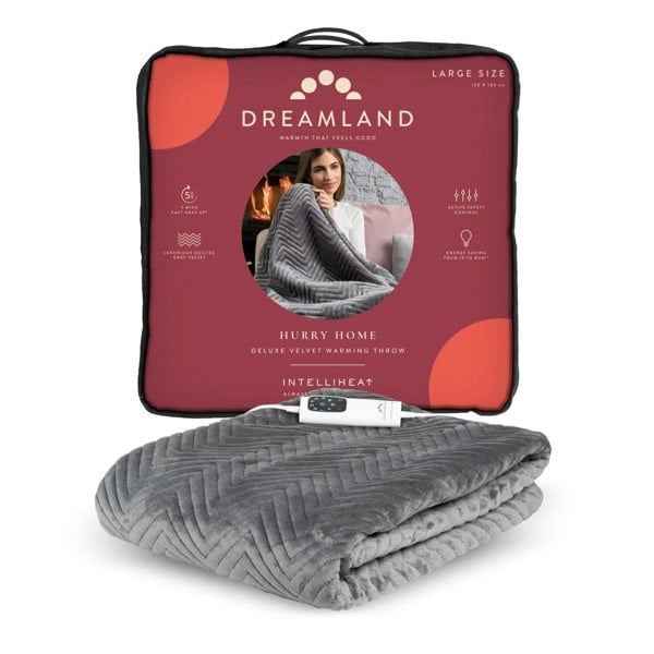 Dreamland Hurry Home Velvet Heated Throw Electric Blanket - Grey Herringbone - 160cm x 120cm