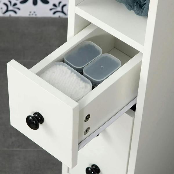 White bathroom cabinet open drawer with gray and white storage bins inside