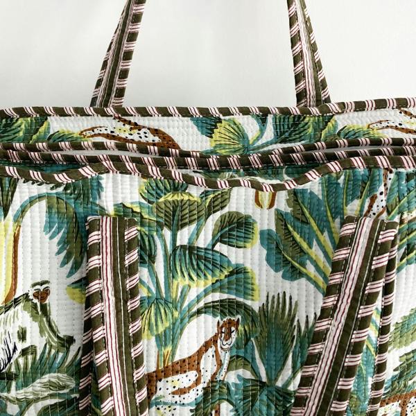 Hayley & Co Leopard Print Large Quilted Cotton Tote Shoulder Bag in White