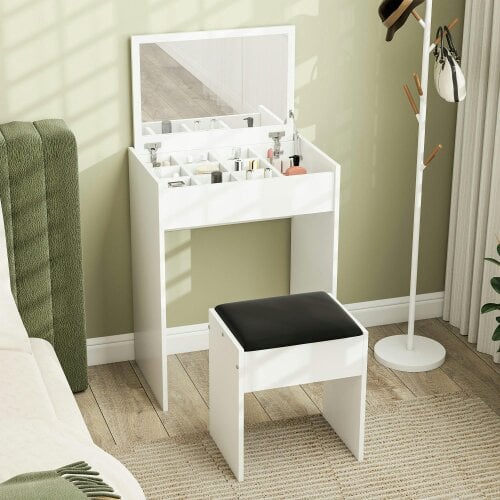 Wyld Haus Nolena White Wood Vanity Table With Flip Up Mirror Padded Stool And Storage