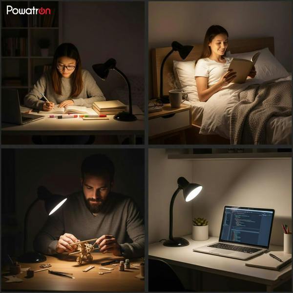 Powatron Flexible Desk Lamp with Bulb Adjustable Neck Metal Construction On/Off Switch & 1.5m Cable W/BS Approved Plug Mains Powered Desk Lamps