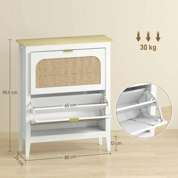 Bobobiy Narrow Shoe Cabinet, Boho Slim Shoe Storage Cabinet with 2 Flip Drawers, Holds 14 Pairs, White
