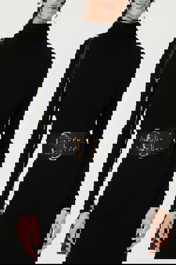 Black | Oval Double Eyelet Stretch Wide Belt
