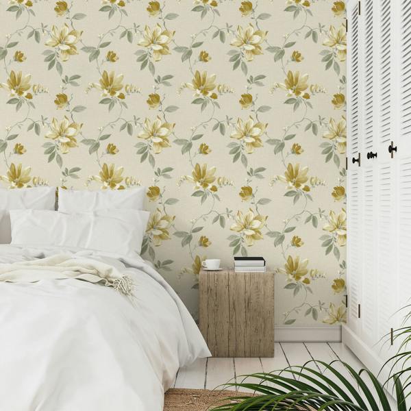 Grandeco Adeline Traditional Floral Trail Fabric Textured Wallpaper, Neutral Ochre