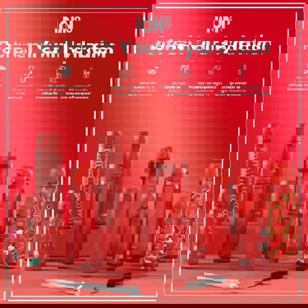 Several red ION8 water bottles, varying in size and design, are displayed on a red surface. Refresh Your Hydration. Choose from 3 different materials. Sizes to suit any user. Hundreds of designs to choose from. Shop our wide range of accessories.