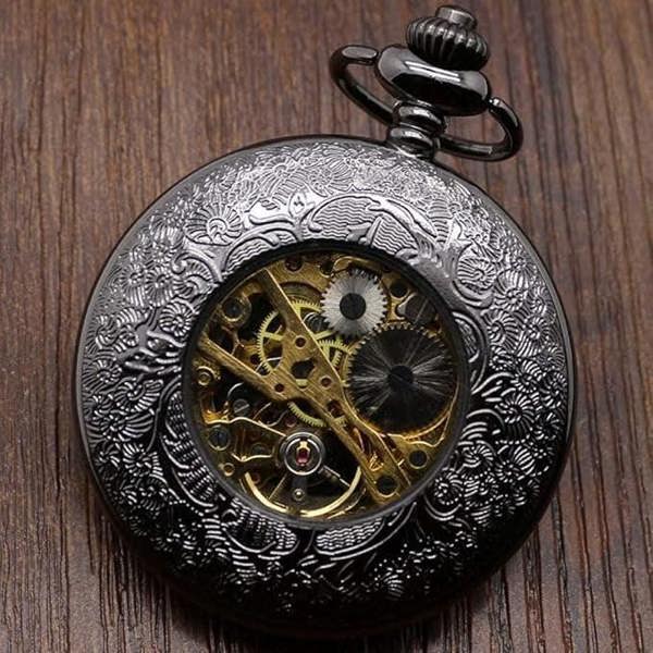 Infinity Leather Antique Brass Alloy Skeleton Half Hunter Pocket Watch