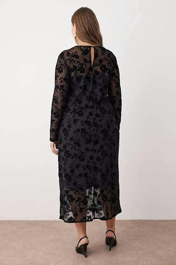 WOVCOR Crew Neck A-line Floral Pattern Maxi Plus Size Knitted Tulle Dress